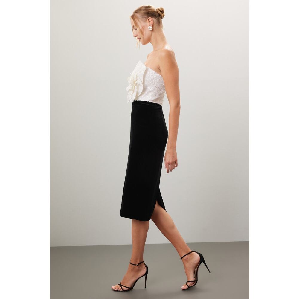 Badgley Mischka White Rose Black Velvet Two-Tone Strapless Cocktail Dress 0 - Picture 2 of 13